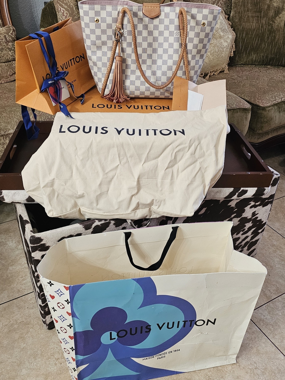 Louis Vuitton Damier Azur Canvas Tote with Tan Leather Trim